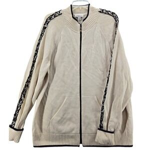 ST. JOHN Sport XL Ivory Black Wool Blend Knit Sleeves Zip-Up Sweater Jacket